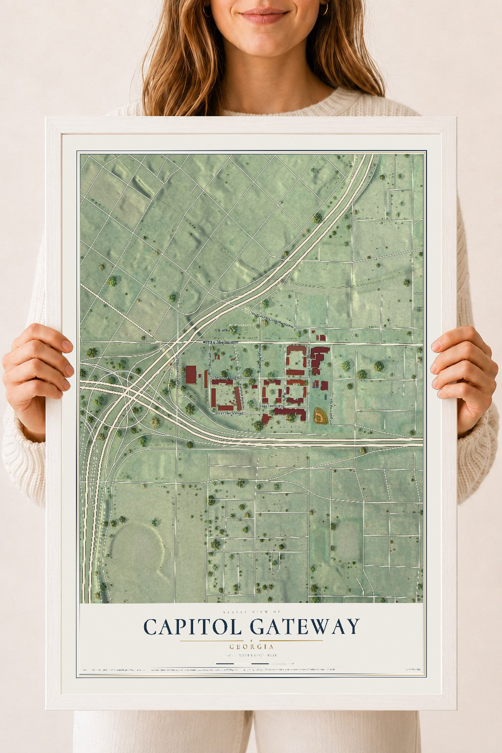 Capitol Gateway, Georgia map print, 18" x 24" W/ White Ayous Wood Frame mockup