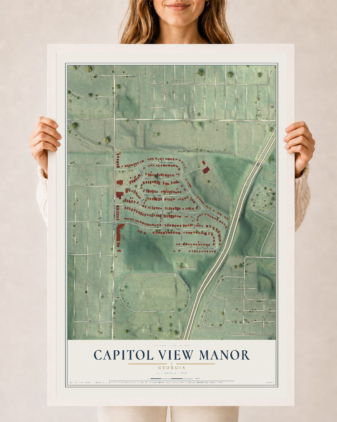 Capitol View Manor, Georgia map print, 24" x 36" W/ White Ayous Wood Frame mockup