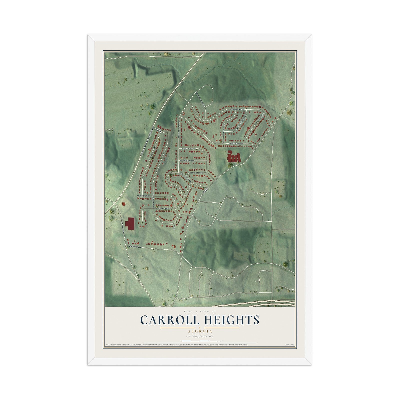 Carroll Heights, Georgia map print, 12" x 18" W/ White Ayous Wood Frame mockup