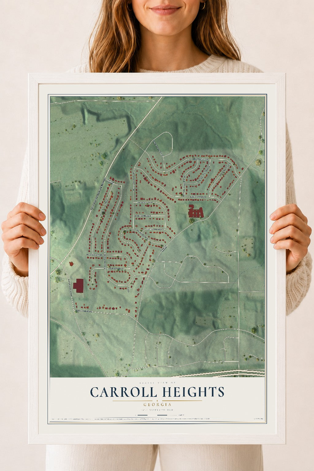 Carroll Heights, Georgia map print, 18" x 24" W/ White Ayous Wood Frame mockup