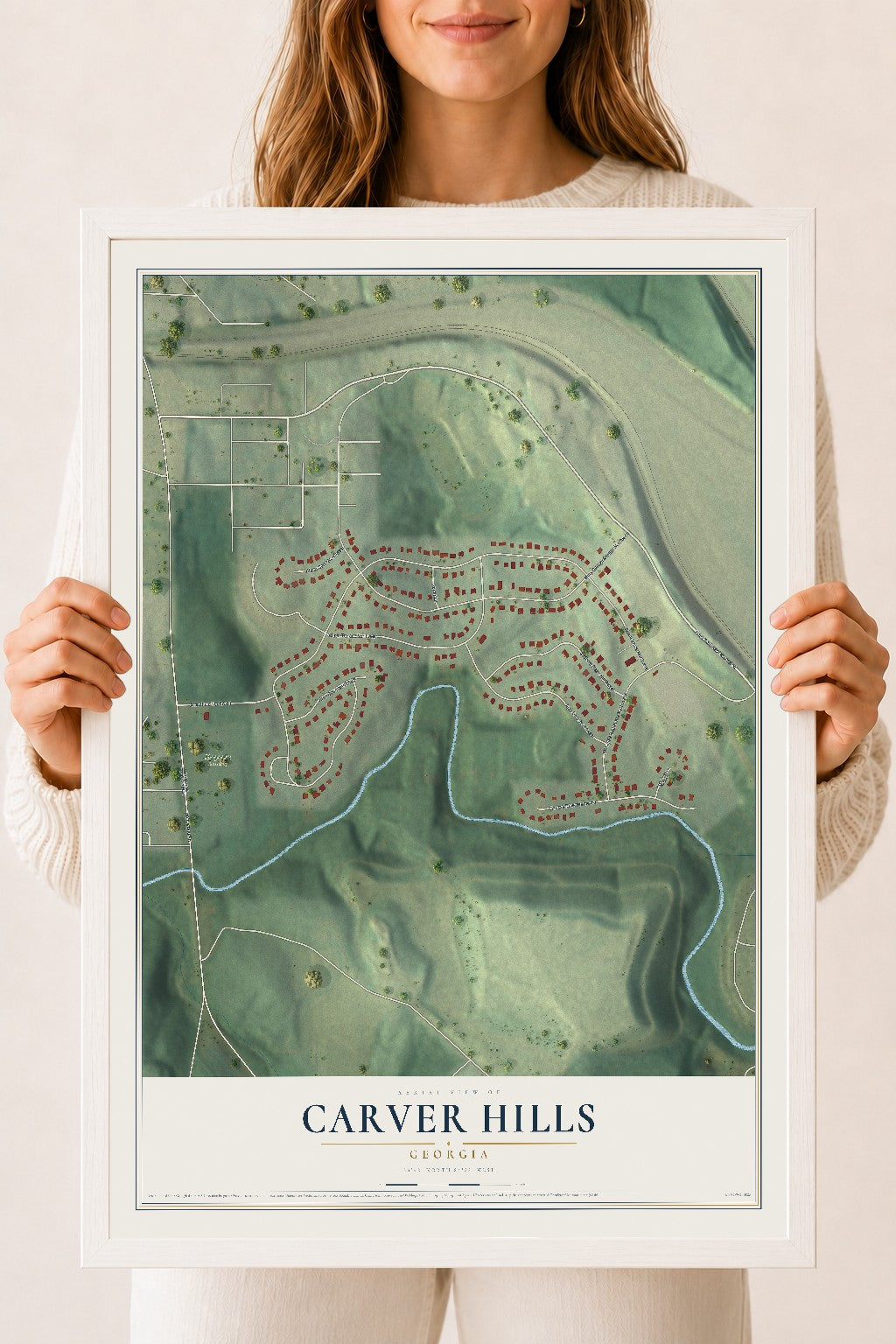 Carver Hills, Georgia map print, 18" x 24" W/ White Ayous Wood Frame mockup