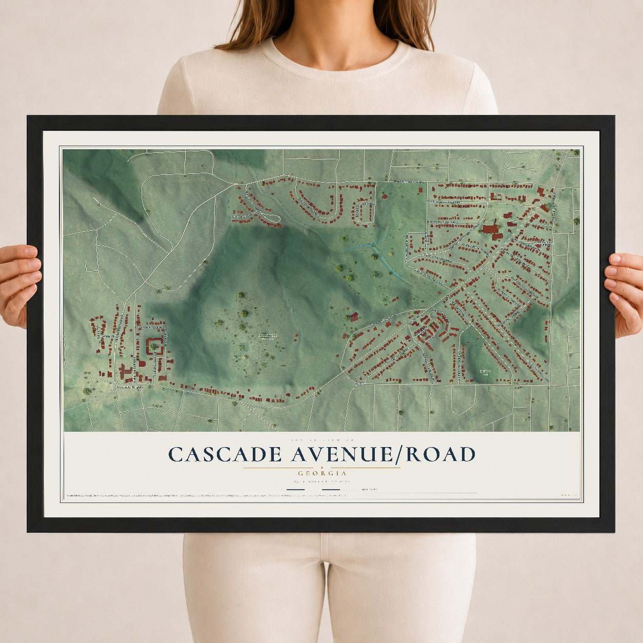 Cascade Avenue-Road, Georgia map print, 18" x 24" W/ Black Ayous Wood Frame mockup