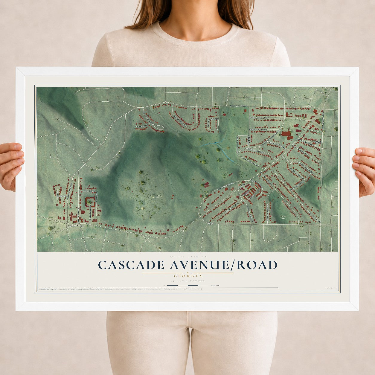 Cascade Avenue-Road, Georgia map print, 18" x 24" W/ White Ayous Wood Frame mockup