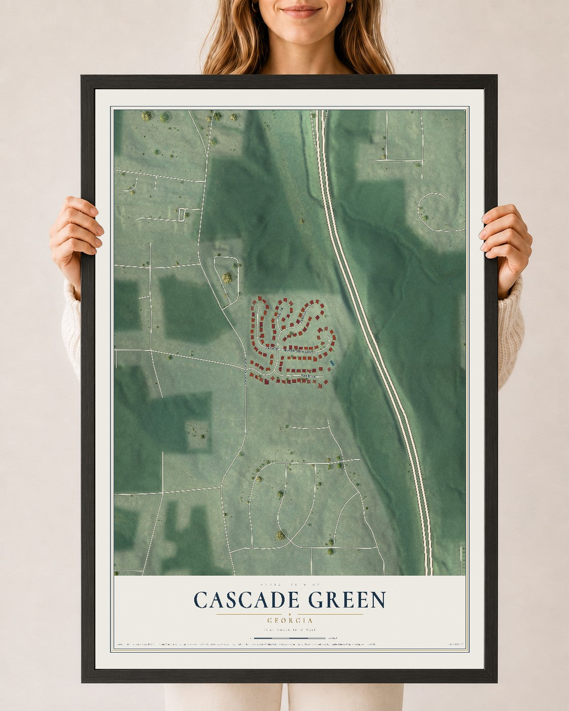 Cascade Green, Georgia map print, 24" x 36" W/ Black Ayous Wood Frame mockup