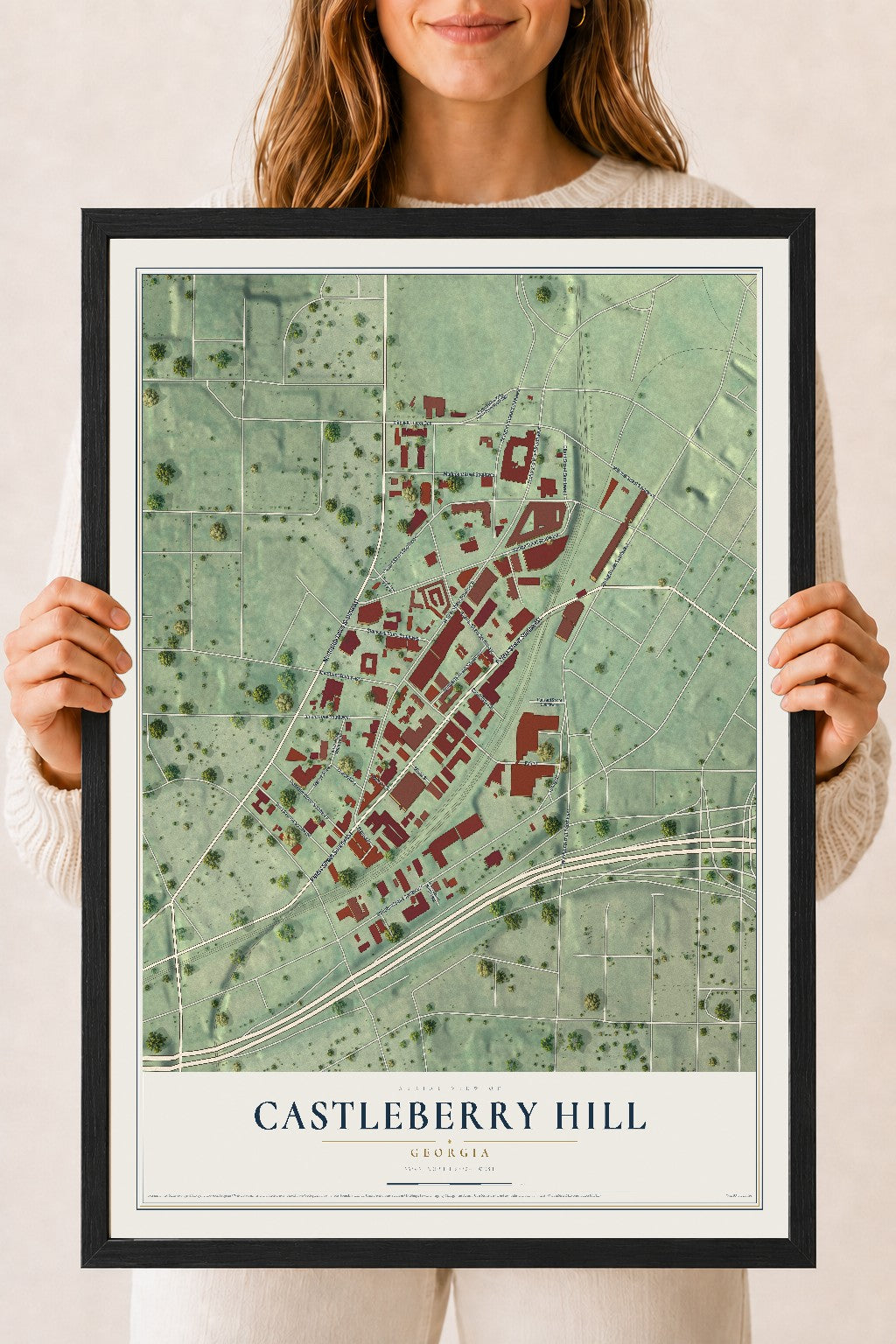 Castleberry Hill, Georgia map print, 18" x 24" W/ Black Ayous Wood Frame mockup