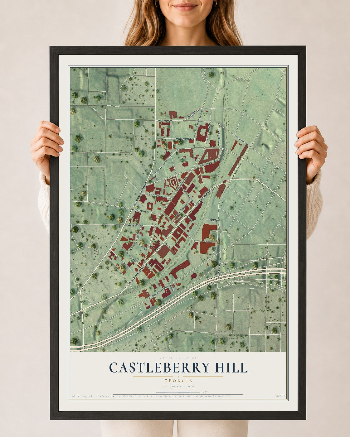 Castleberry Hill, Georgia map print, 24" x 36" W/ Black Ayous Wood Frame mockup