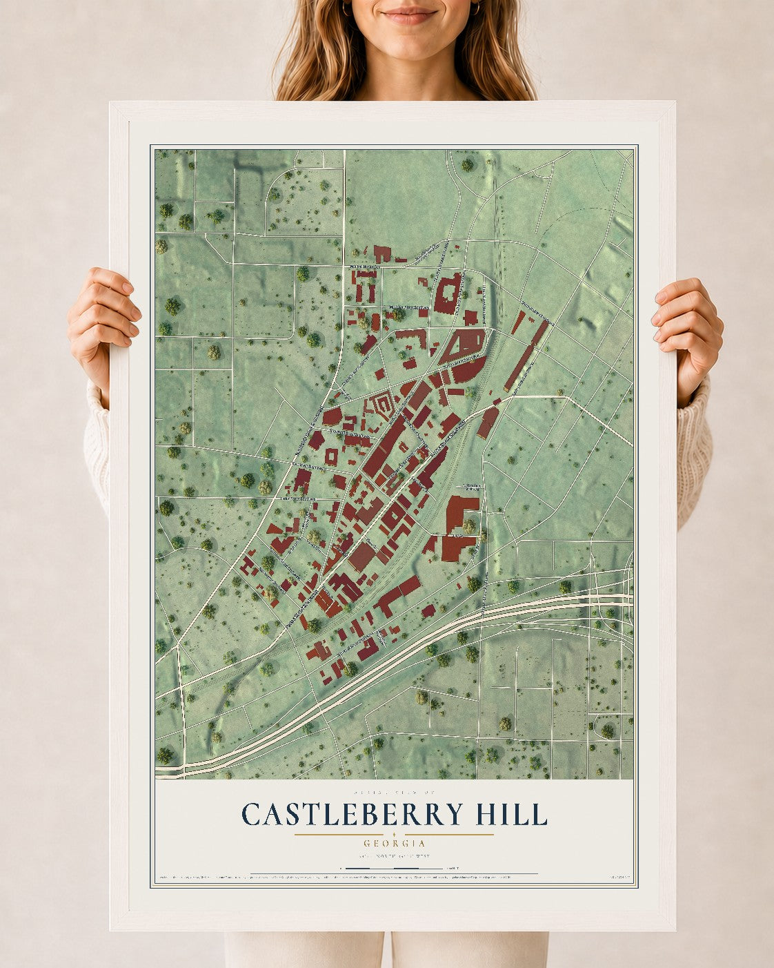 Castleberry Hill, Georgia map print, 24" x 36" W/ White Ayous Wood Frame mockup