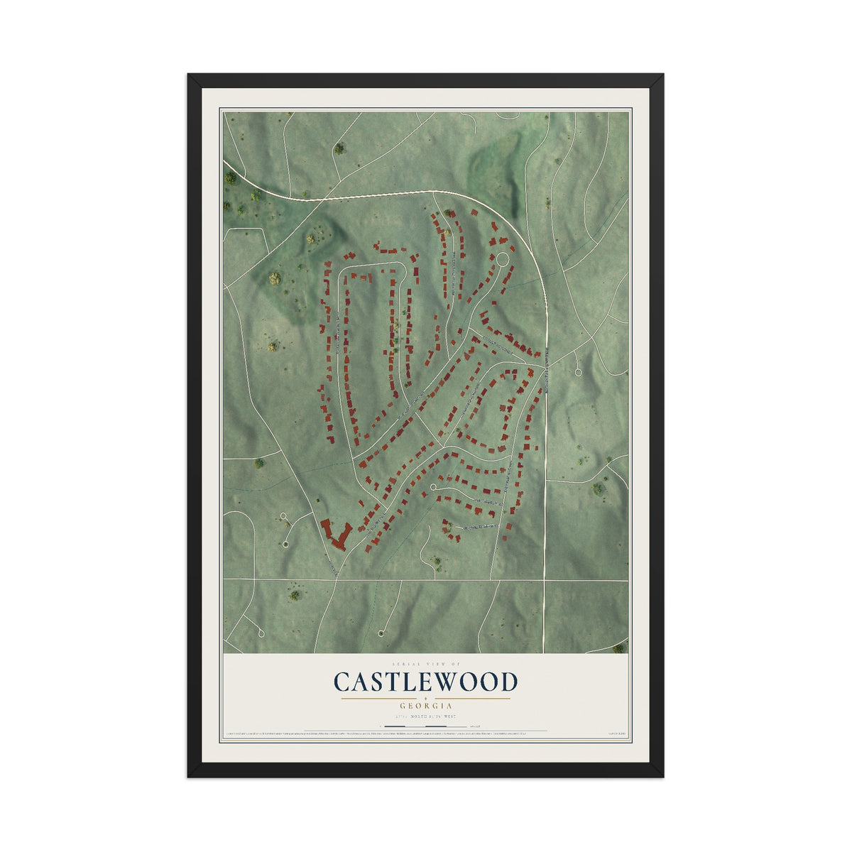 Castlewood, Georgia map print, 12" x 18" W/ Black Ayous Wood Frame mockup