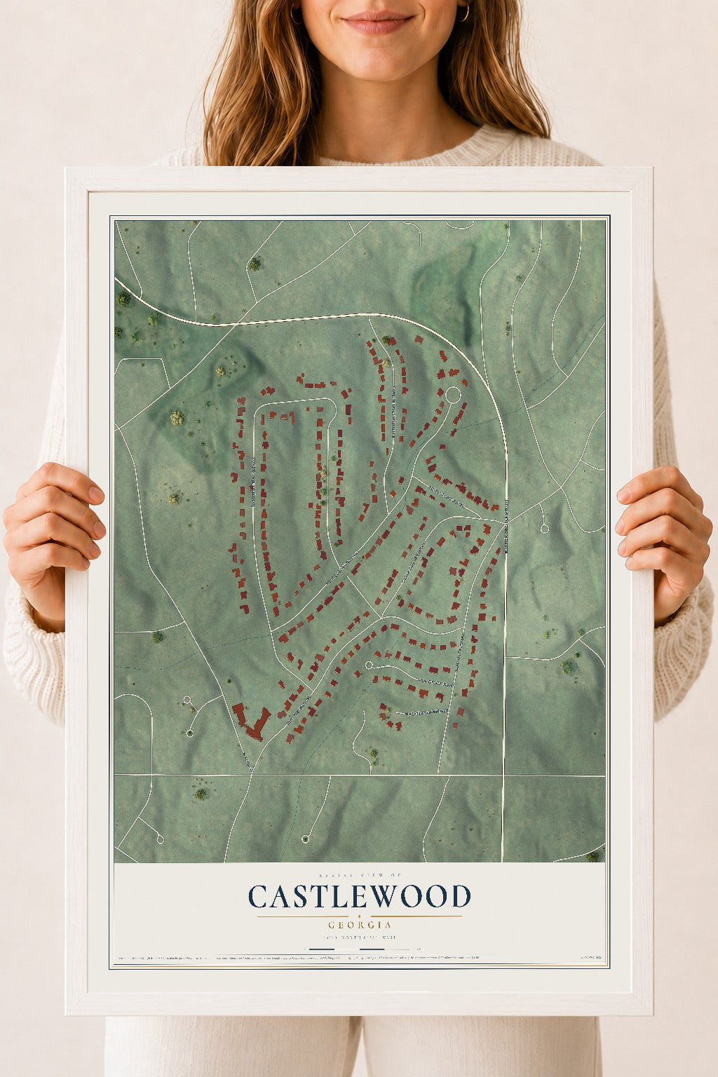Castlewood, Georgia map print, 18" x 24" W/ White Ayous Wood Frame mockup