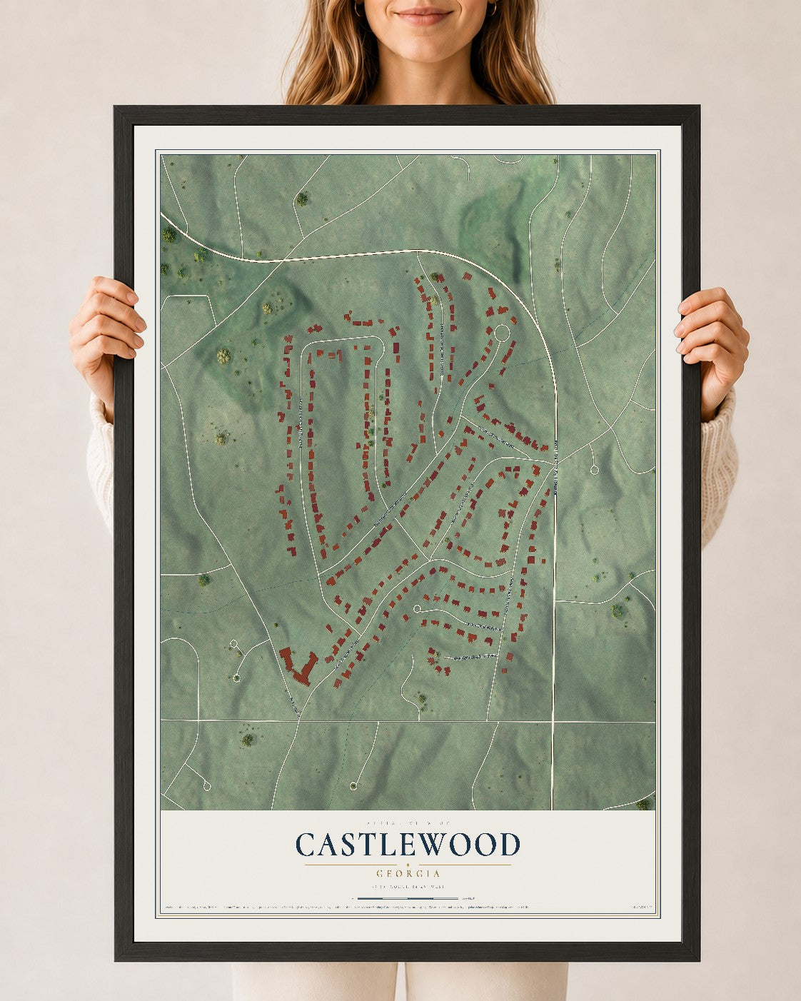 Castlewood, Georgia map print, 24" x 36" W/ Black Ayous Wood Frame mockup