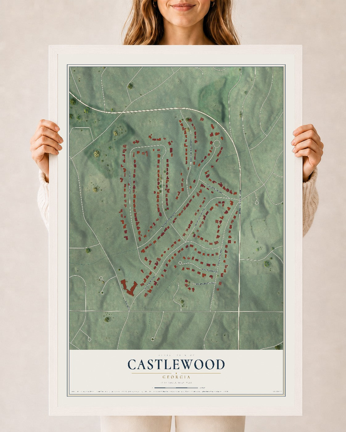 Castlewood, Georgia map print, 24" x 36" W/ White Ayous Wood Frame mockup