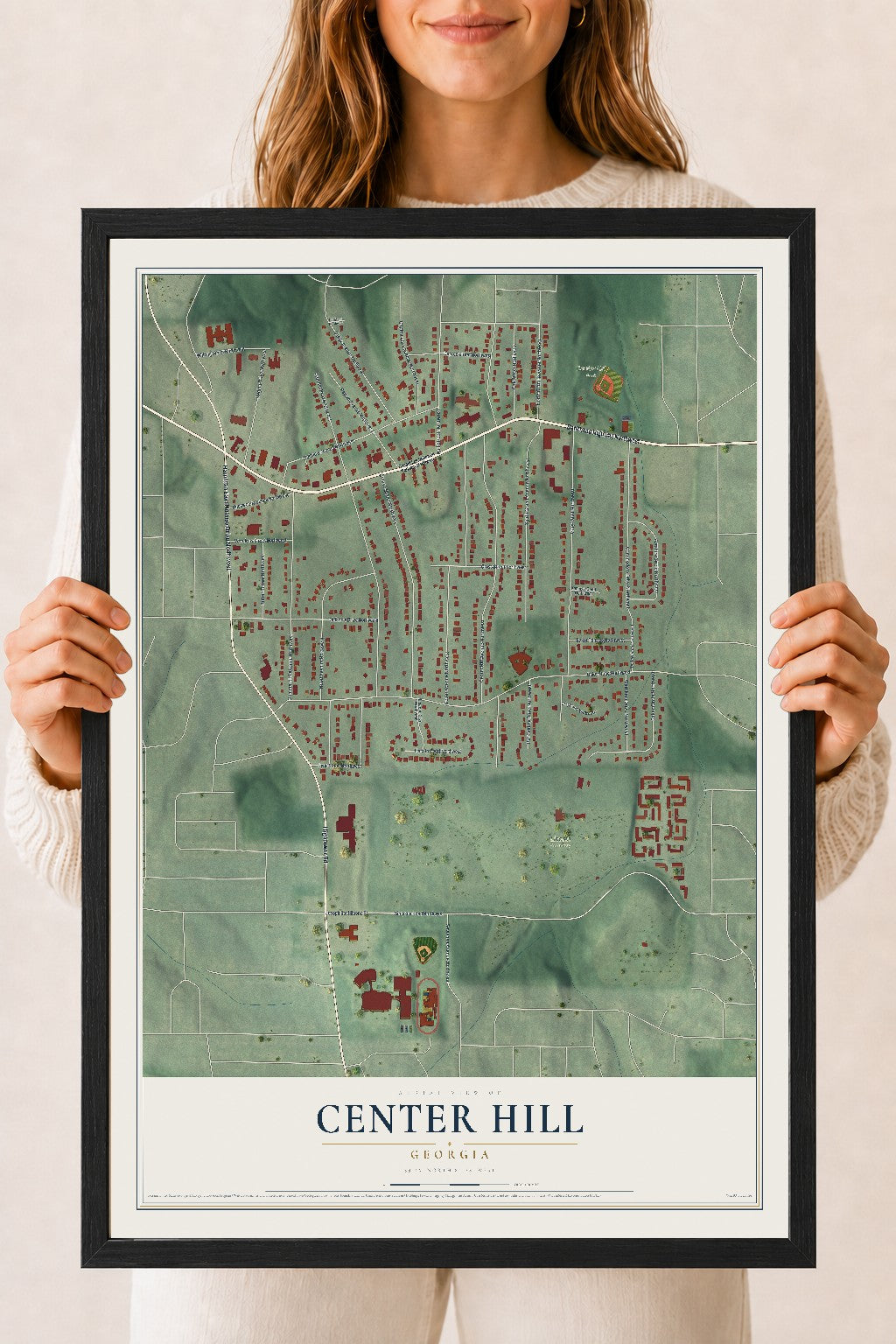 Center Hill, Georgia map print, 18" x 24" W/ Black Ayous Wood Frame mockup