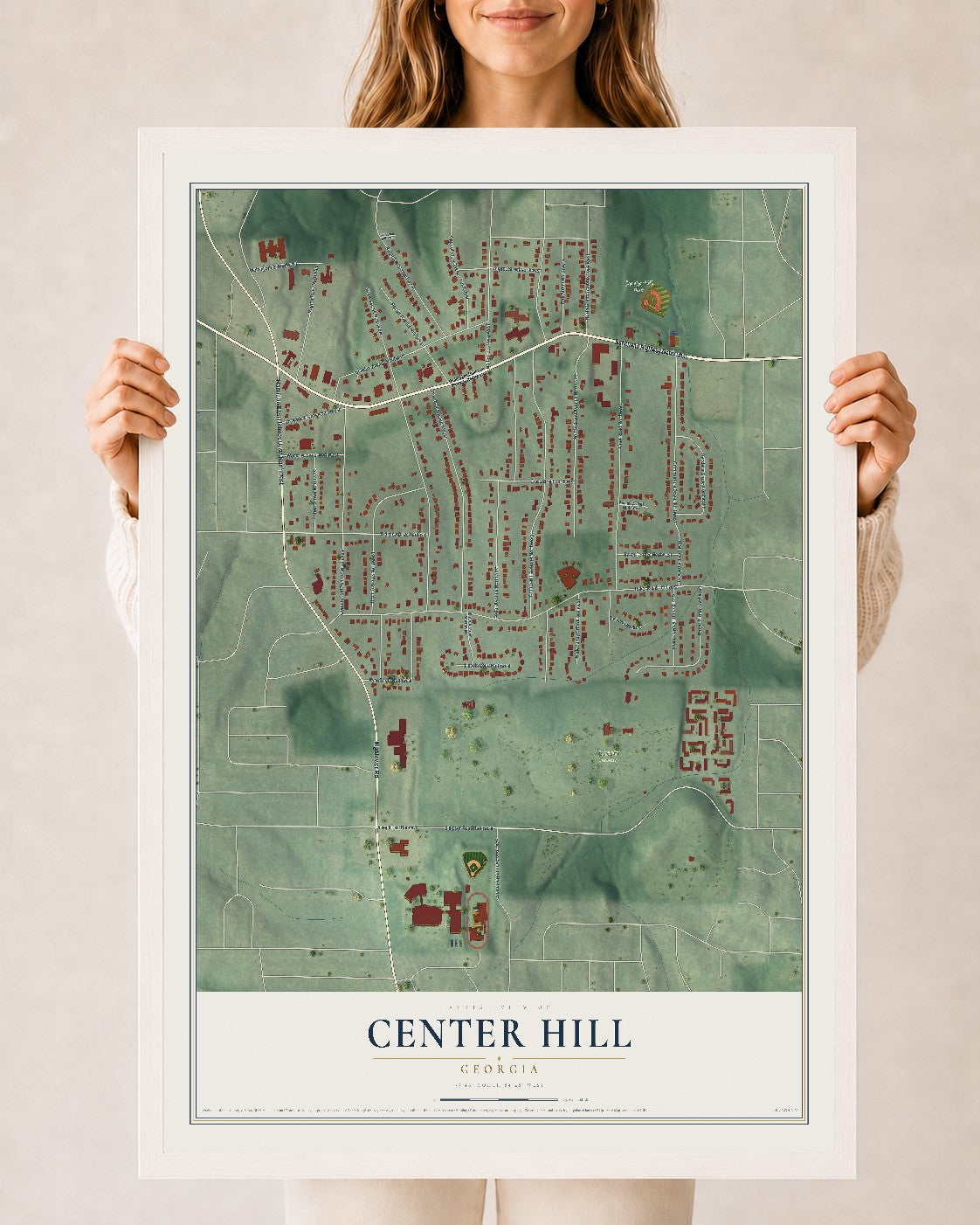 Center Hill, Georgia map print, 24" x 36" W/ White Ayous Wood Frame mockup