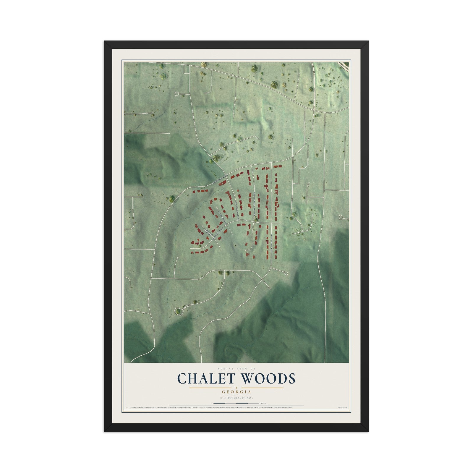 Chalet Woods, Georgia map print, 12" x 18" W/ Black Ayous Wood Frame mockup