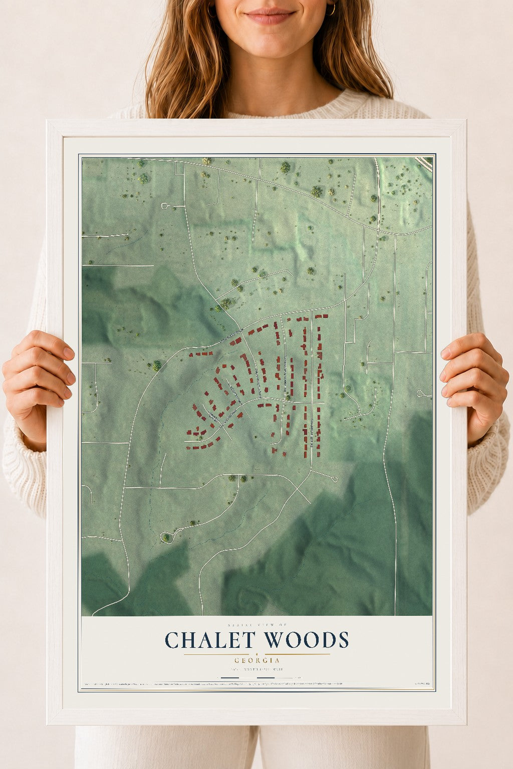 Chalet Woods, Georgia map print, 18" x 24" W/ White Ayous Wood Frame mockup