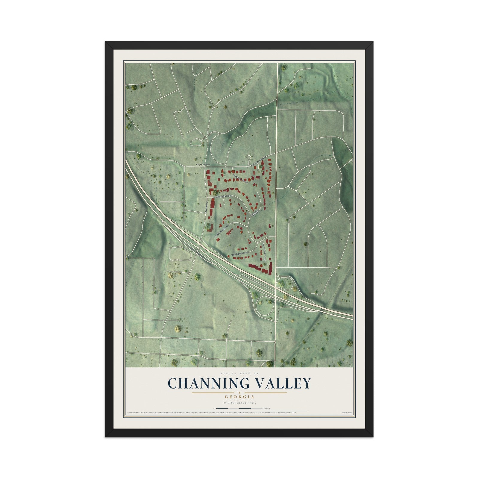 Channing Valley, Georgia map print, 12" x 18" W/ Black Ayous Wood Frame mockup