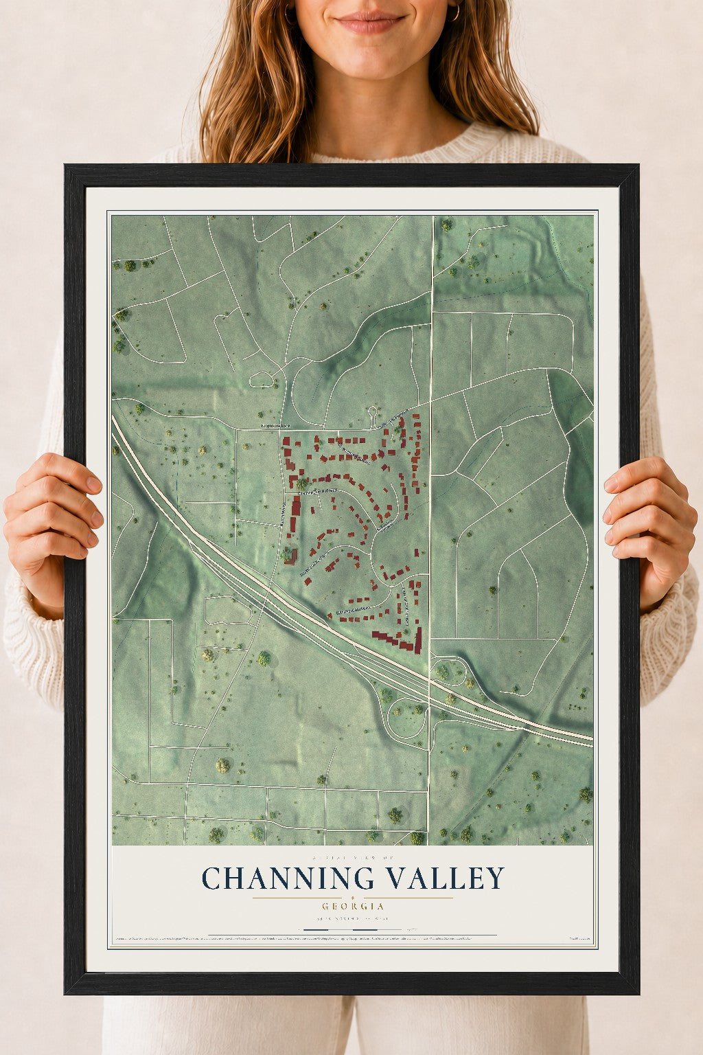 Channing Valley, Georgia map print, 18" x 24" W/ Black Ayous Wood Frame mockup