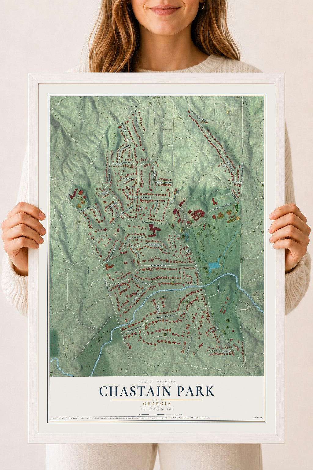 Chastain Park, Georgia map print, 18" x 24" W/ White Ayous Wood Frame mockup