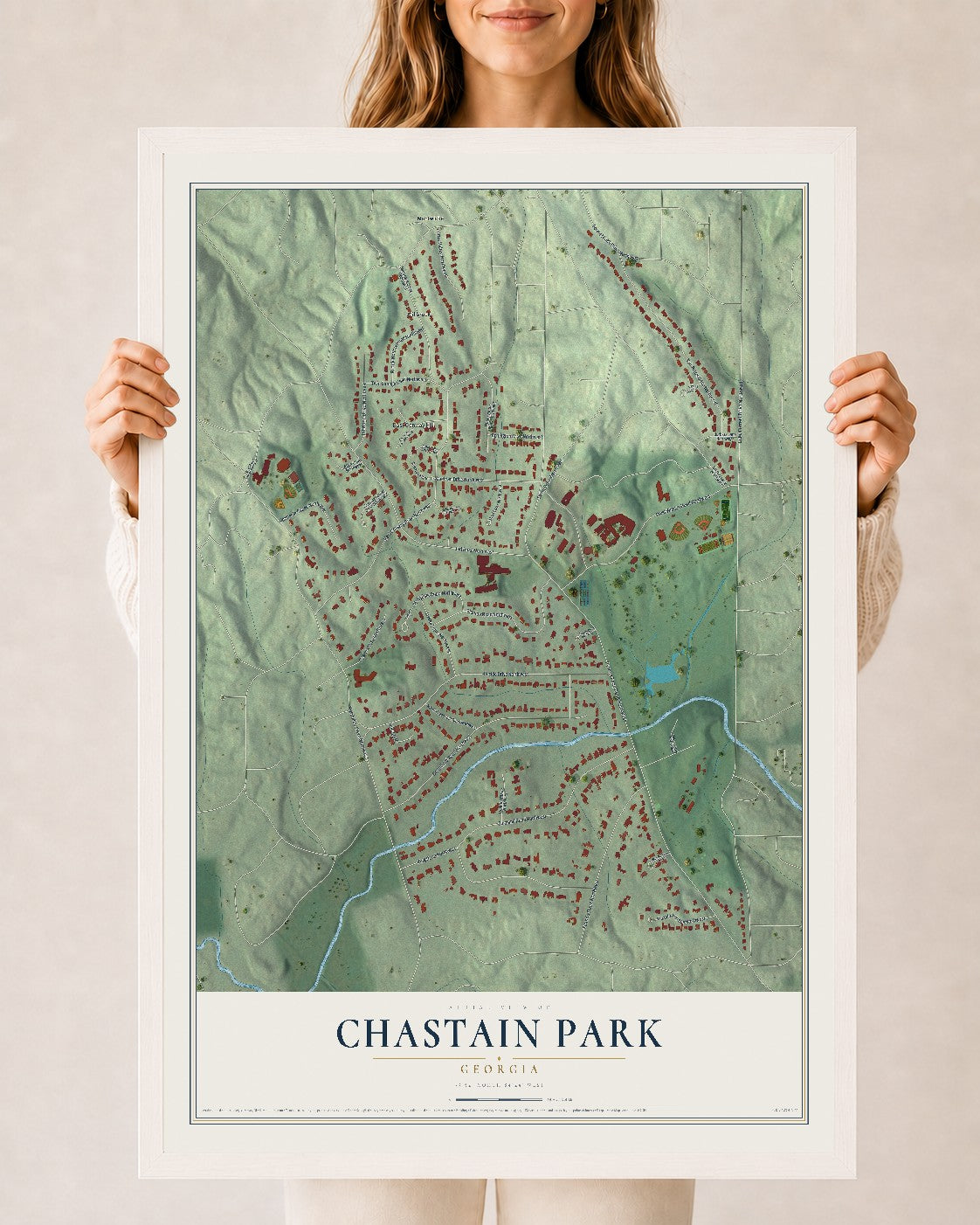 Chastain Park, Georgia map print, 24" x 36" W/ White Ayous Wood Frame mockup