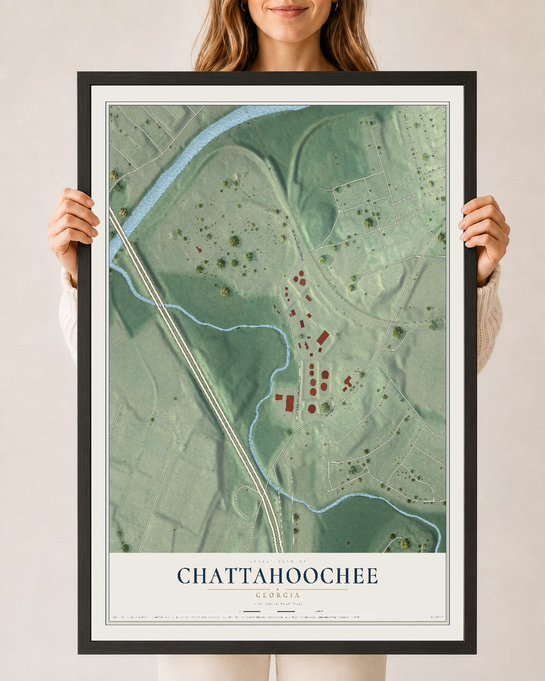 Chattahoochee, Georgia map print, 24" x 36" W/ Black Ayous Wood Frame mockup