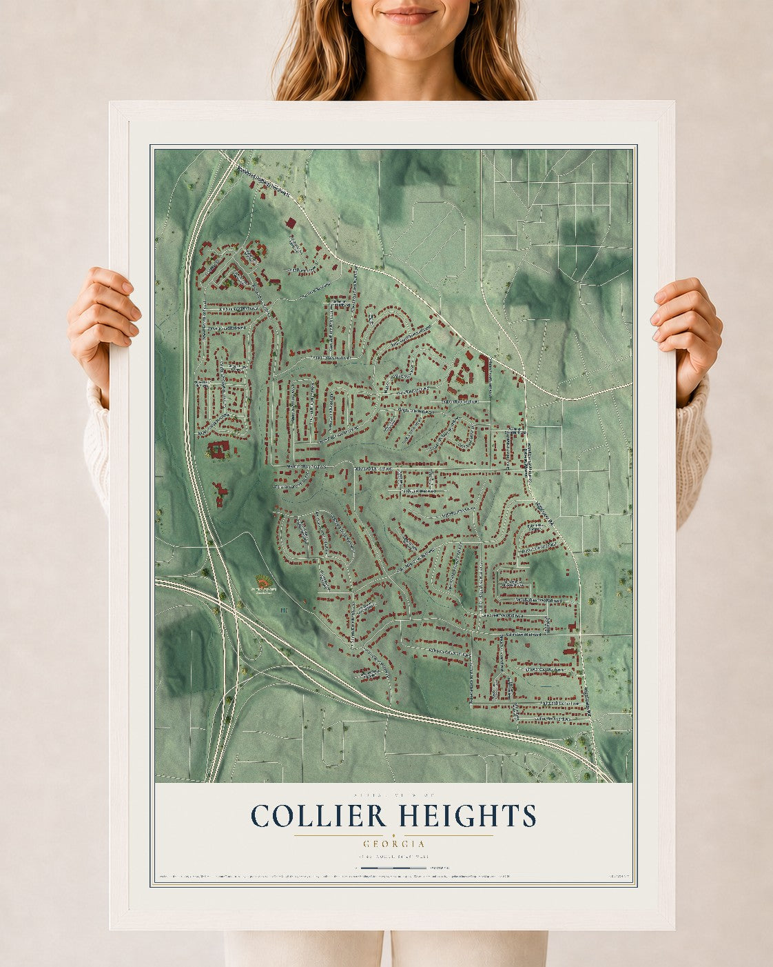 Collier Heights, Georgia map print, 24" x 36" W/ White Ayous Wood Frame mockup