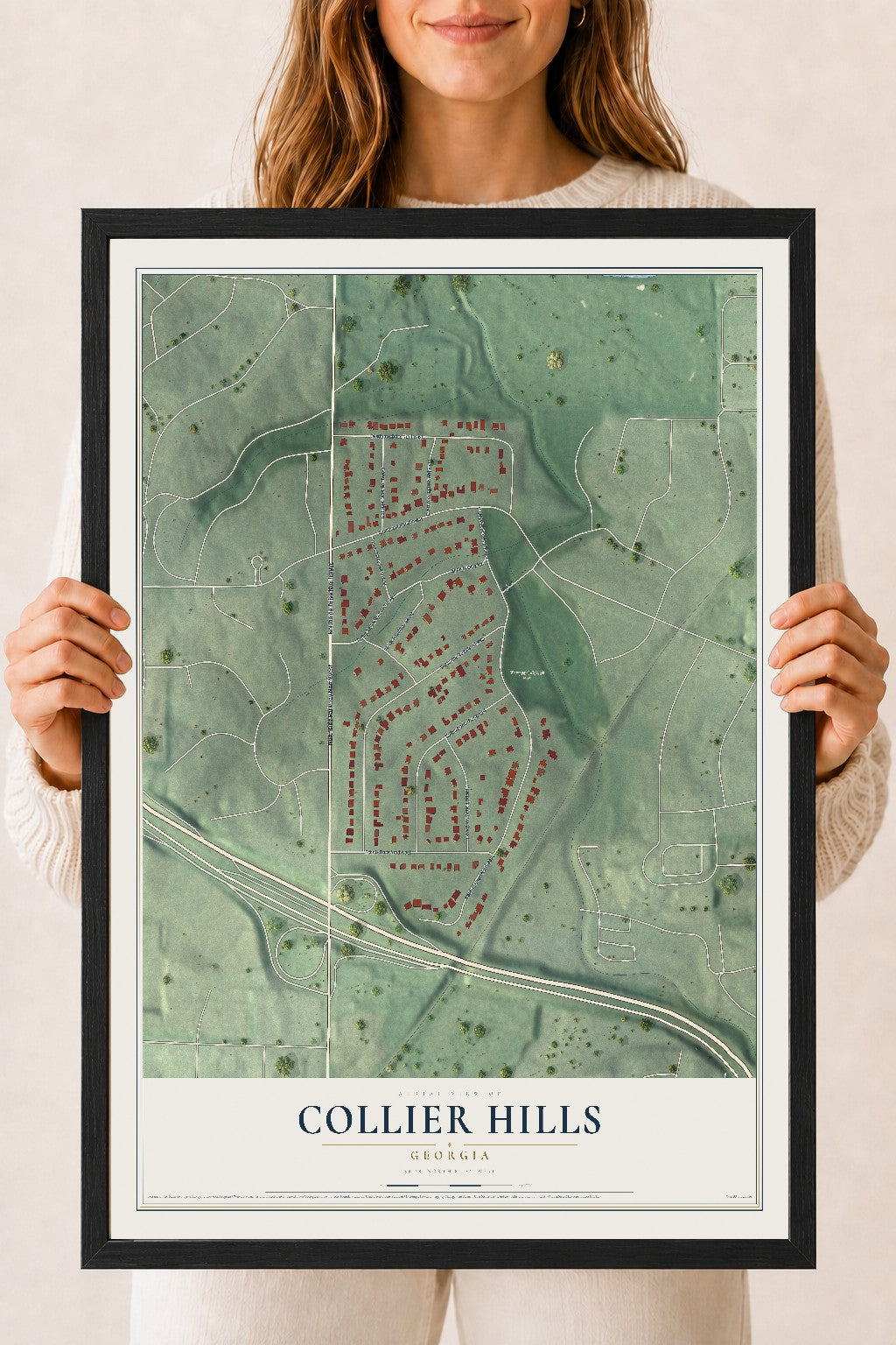 Collier Hills, Georgia map print, 18" x 24" W/ Black Ayous Wood Frame mockup