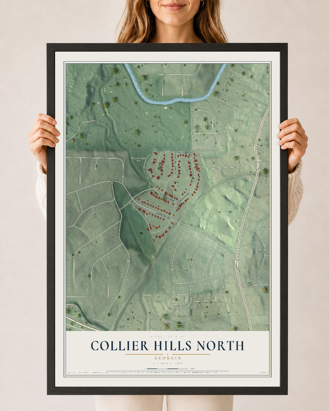 Collier Hills North, Georgia map print, 24" x 36" W/ Black Ayous Wood Frame mockup