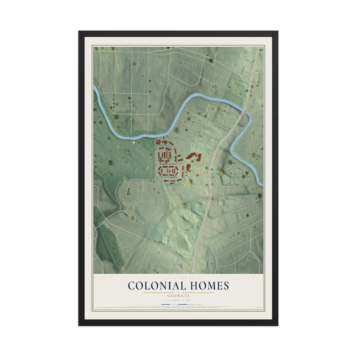 Colonial Homes, Georgia map print, 12" x 18" W/ Black Ayous Wood Frame mockup