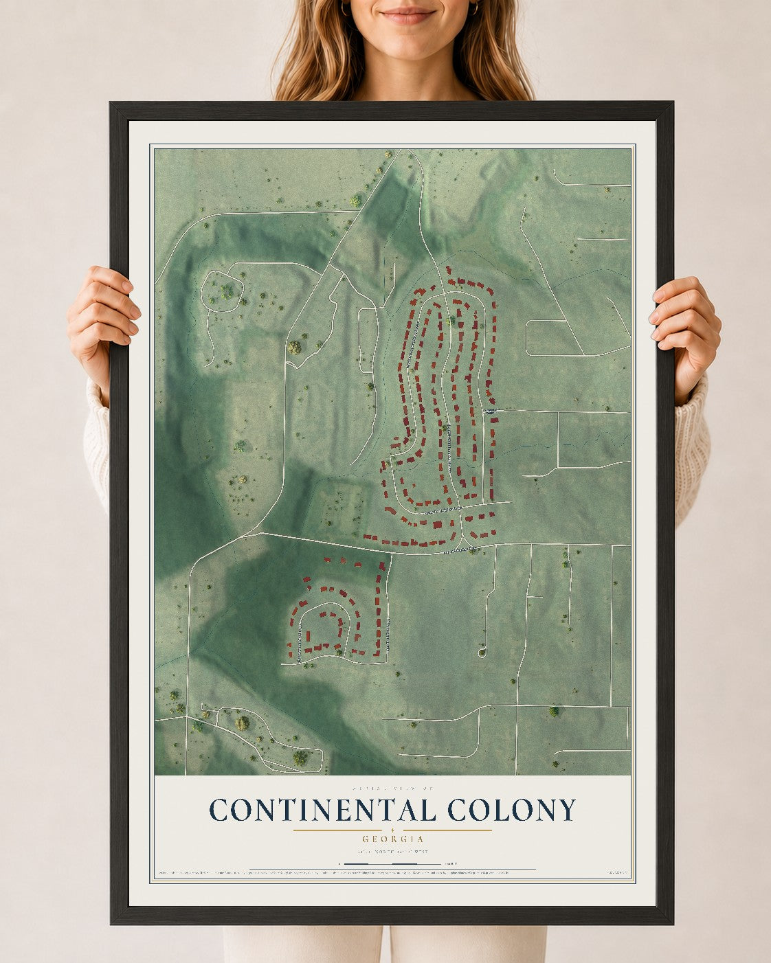 Continental Colony, Georgia map print, 24" x 36" W/ Black Ayous Wood Frame mockup