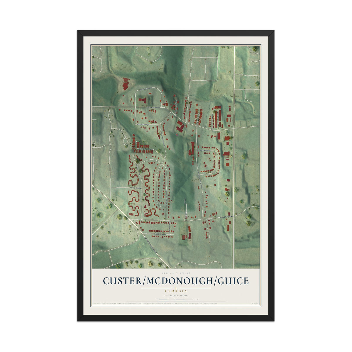 Custer-McDonough-Guice, Georgia map print, 12" x 18" W/ Black Ayous Wood Frame mockup