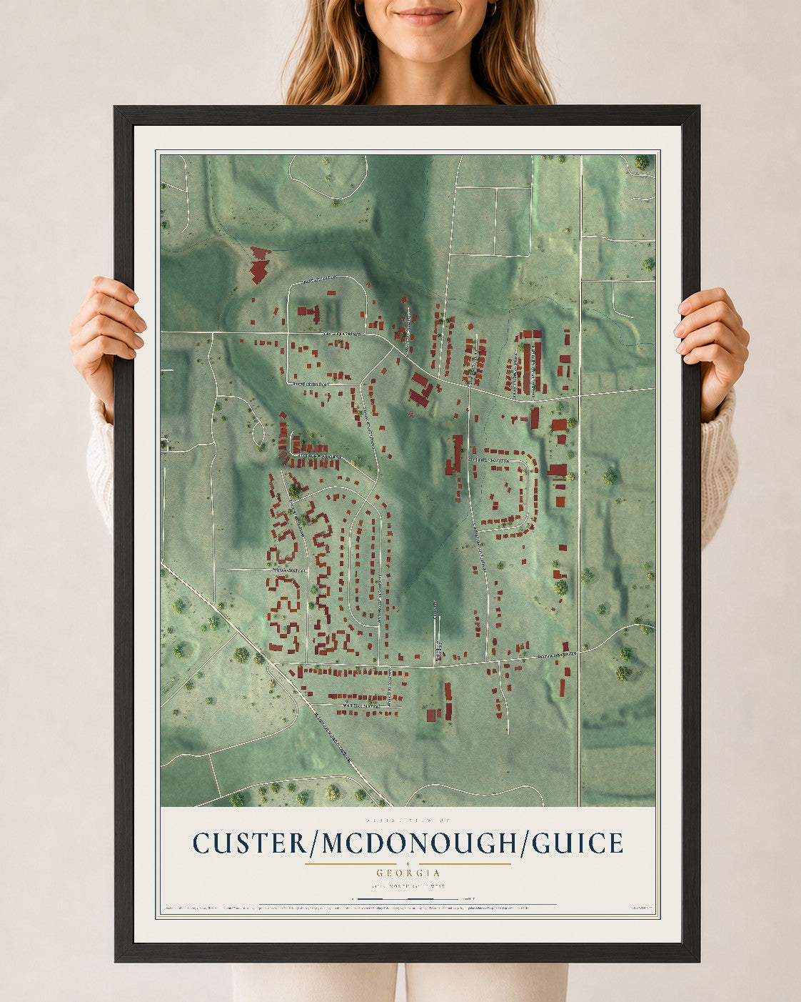 Custer-McDonough-Guice, Georgia map print, 24" x 36" W/ Black Ayous Wood Frame mockup