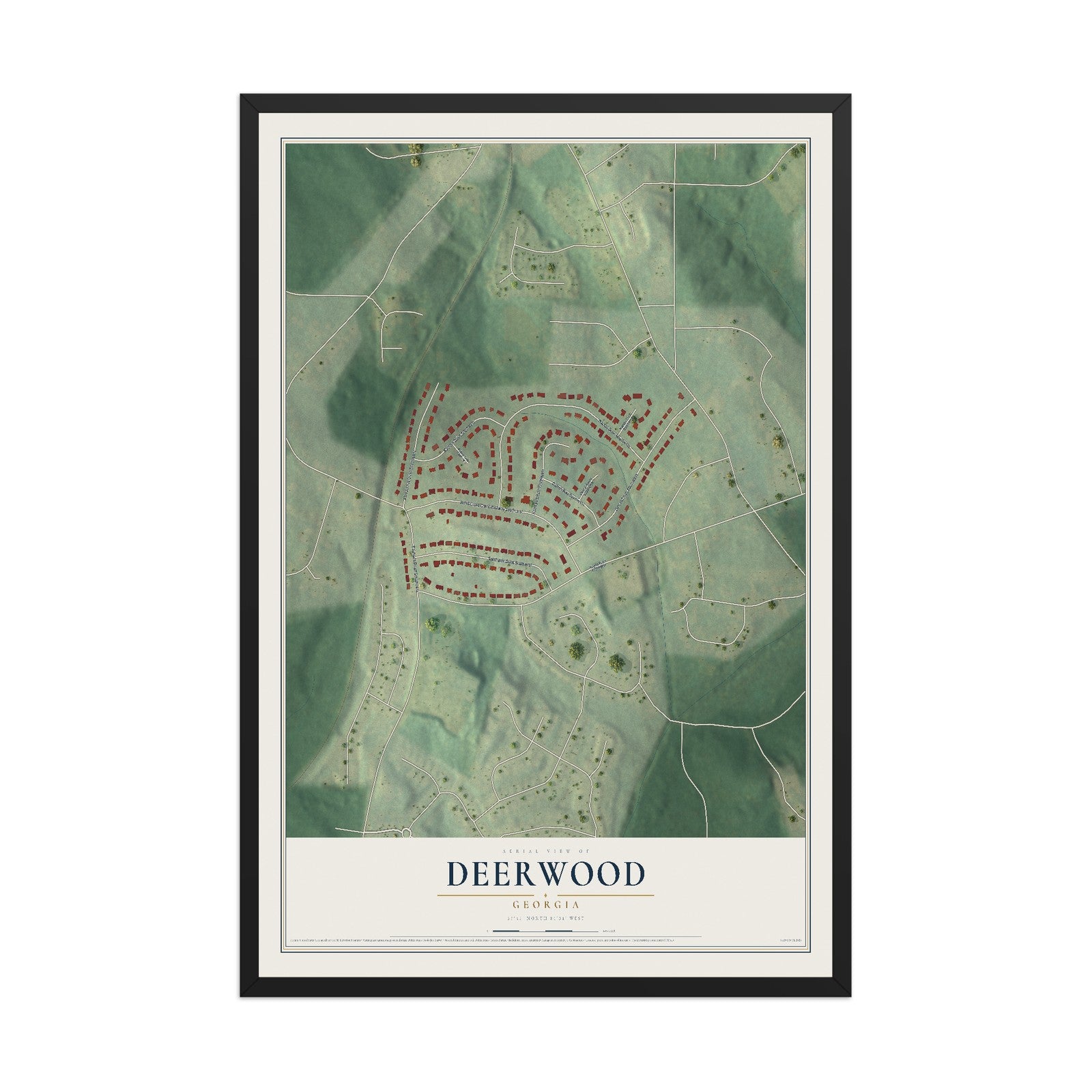 Deerwood, Georgia map print, 12" x 18" W/ Black Ayous Wood Frame mockup