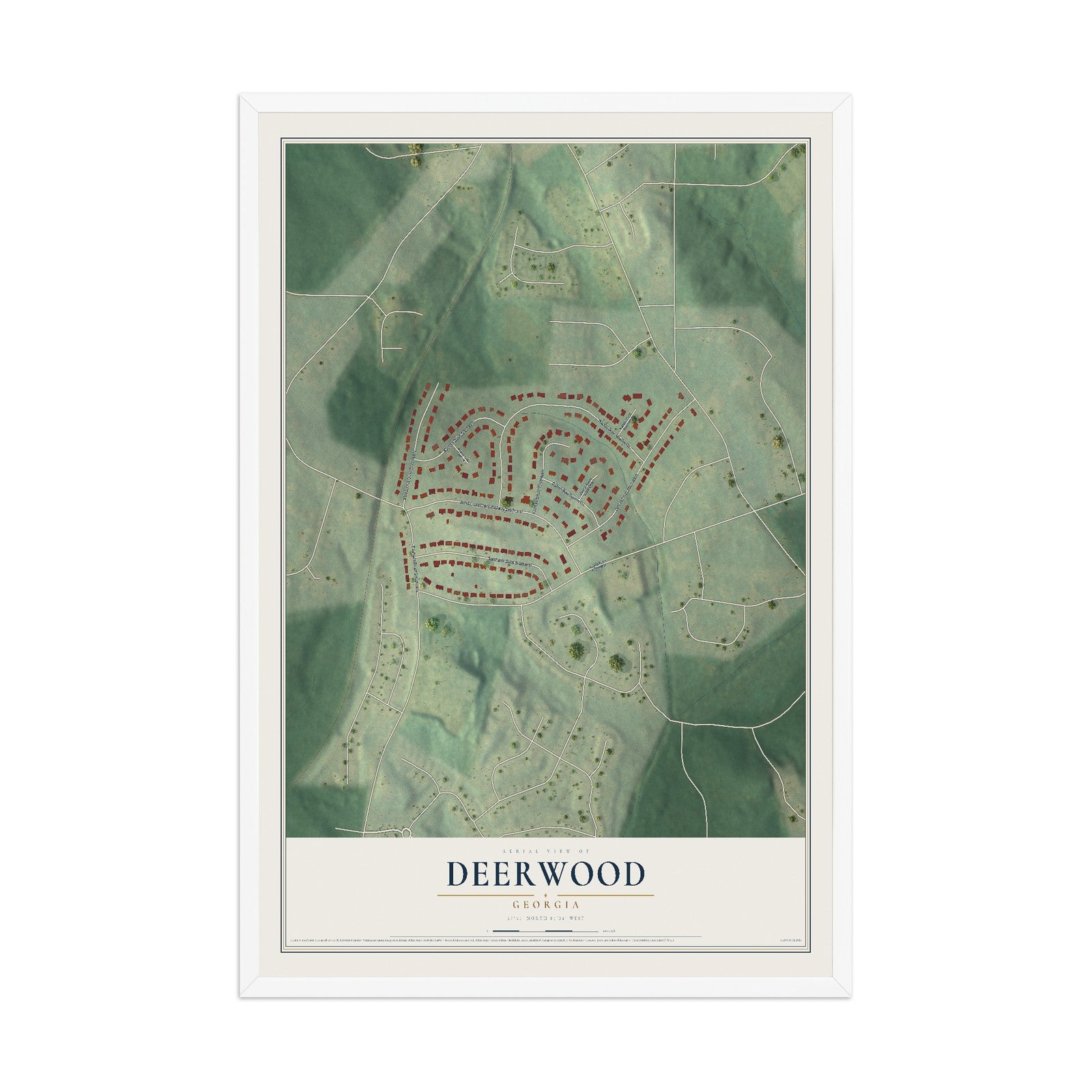 Deerwood, Georgia map print, 12" x 18" W/ White Ayous Wood Frame mockup