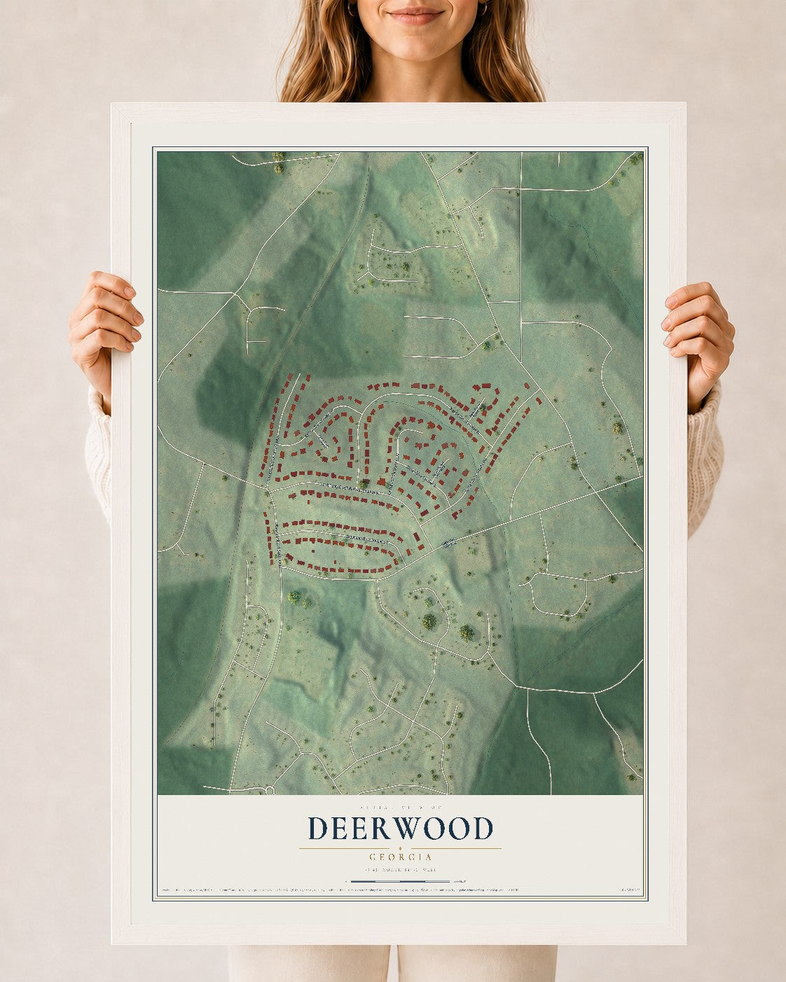 Deerwood, Georgia map print, 24" x 36" W/ White Ayous Wood Frame mockup
