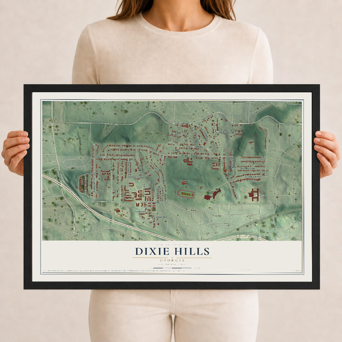 Dixie Hills, Georgia map print, 12" x 18" W/ Black Ayous Wood Frame mockup