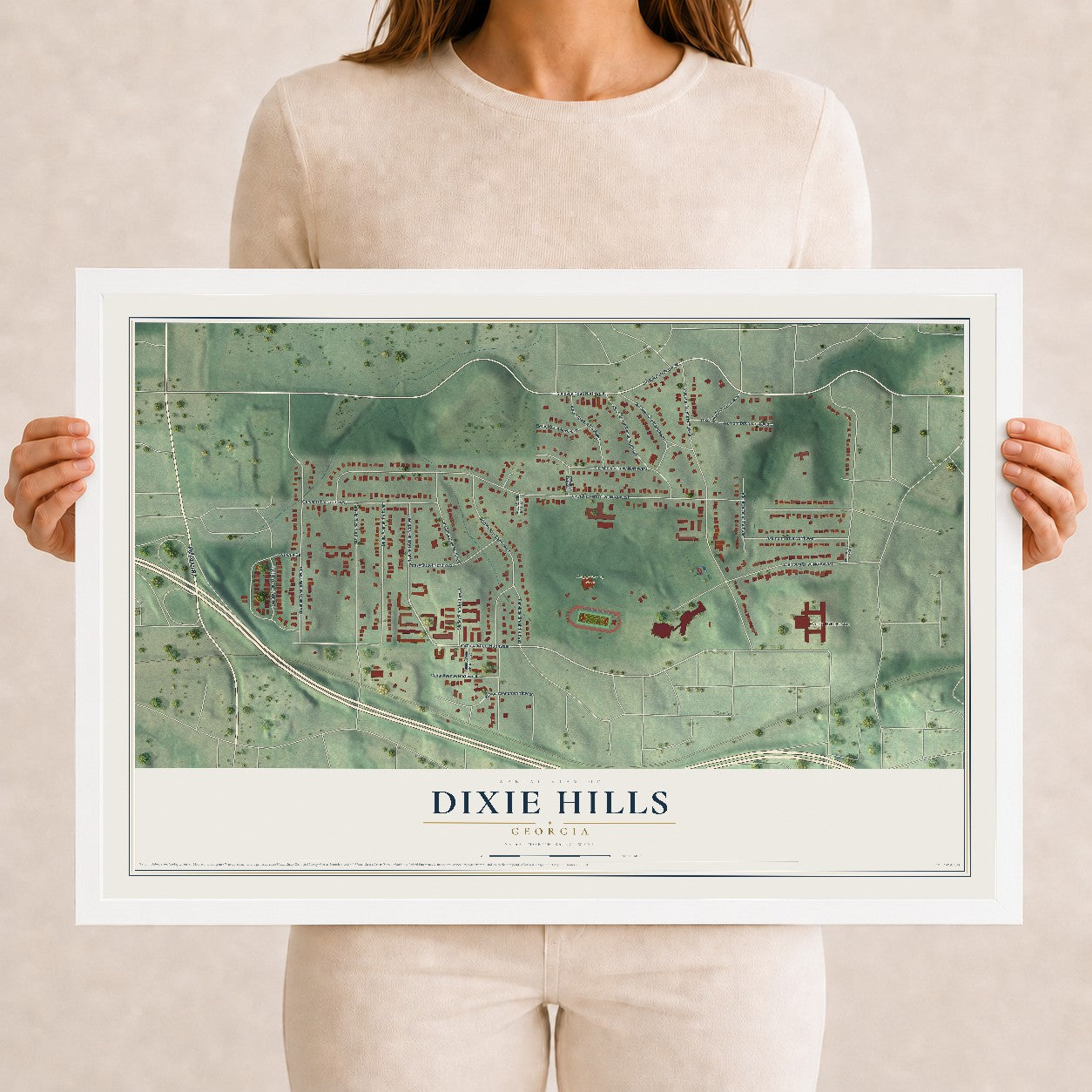 Dixie Hills, Georgia map print, 12" x 18" W/ White Ayous Wood Frame mockup