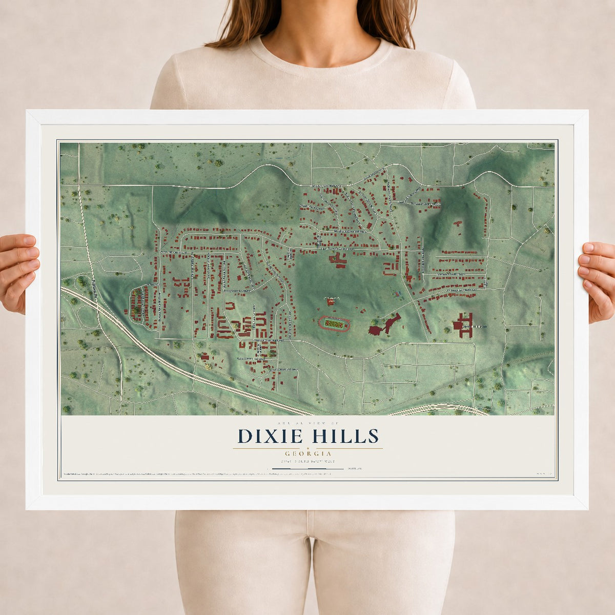 Dixie Hills, Georgia map print, 18" x 24" W/ White Ayous Wood Frame mockup