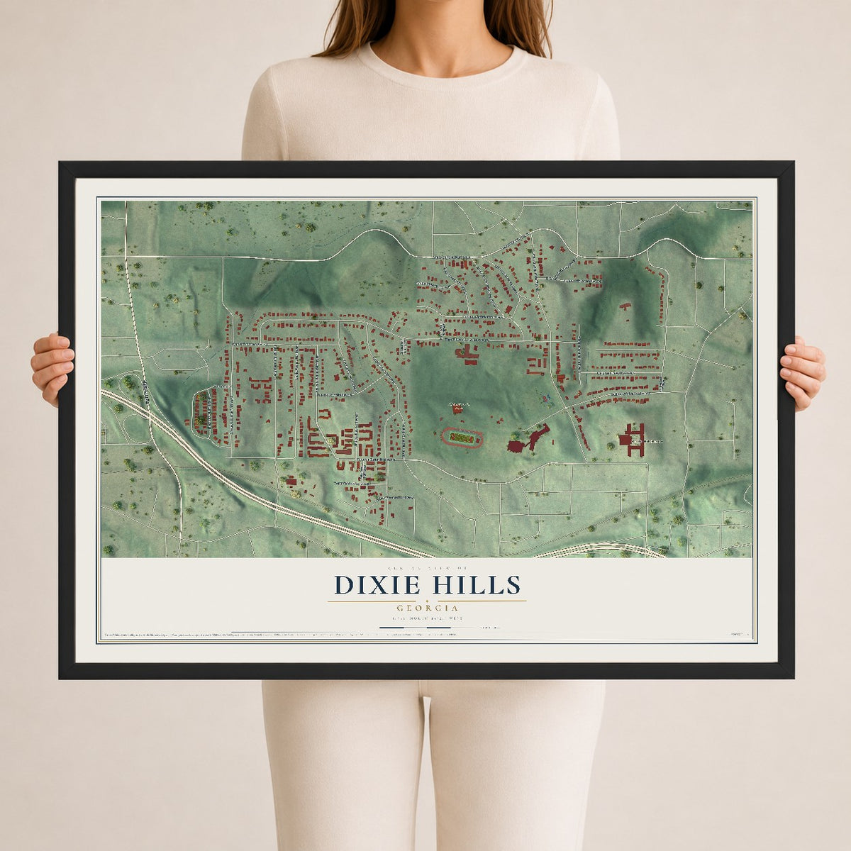 Dixie Hills, Georgia map print, 24" x 36" W/ Black Ayous Wood Frame mockup