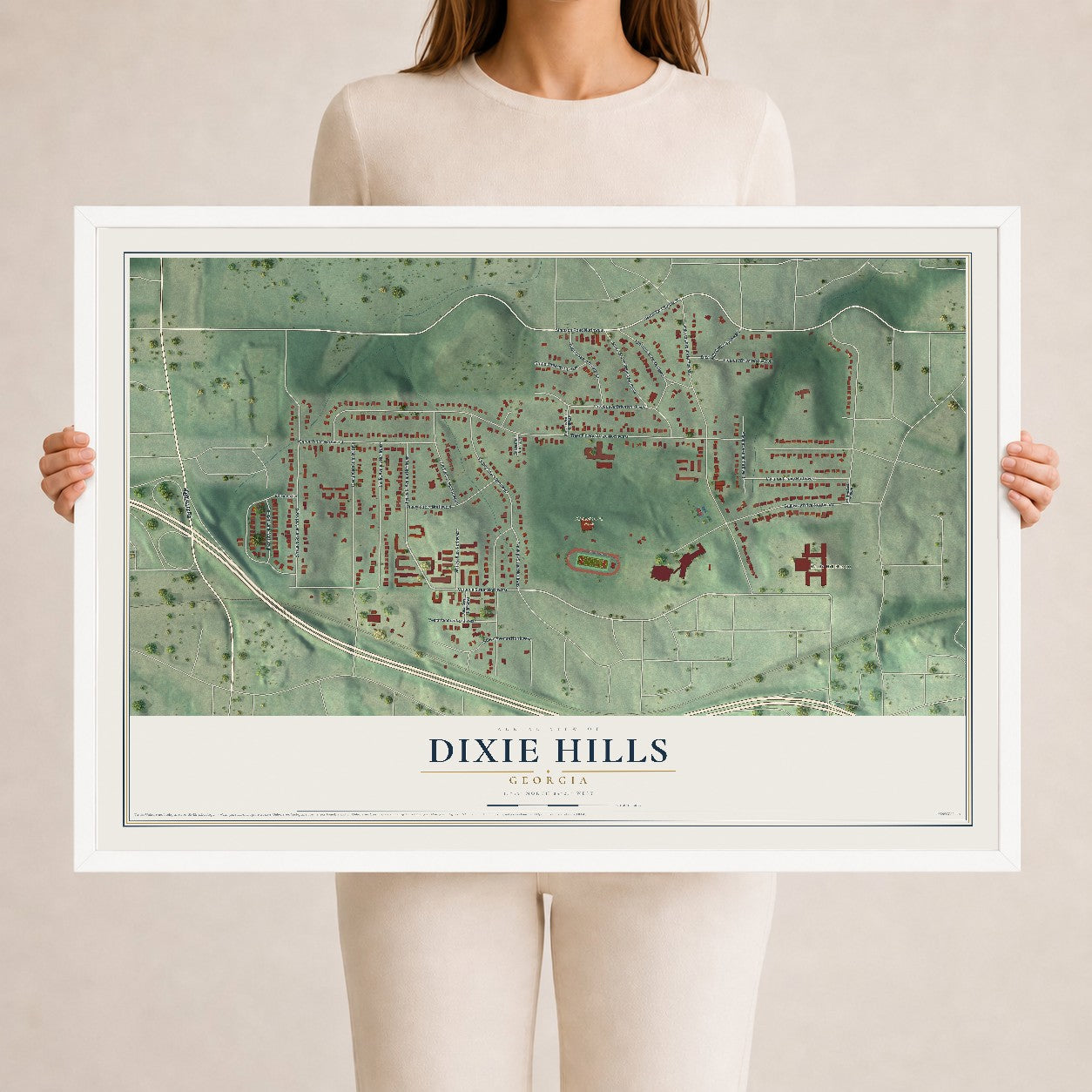 Dixie Hills, Georgia map print, 24" x 36" W/ White Ayous Wood Frame mockup