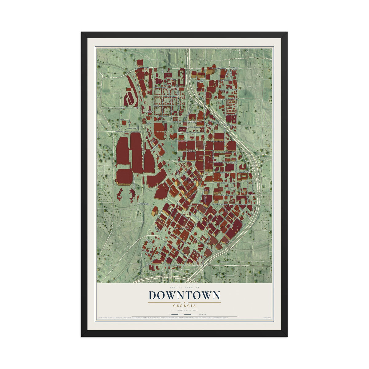 Downtown, Georgia map print, 12" x 18" W/ Black Ayous Wood Frame mockup