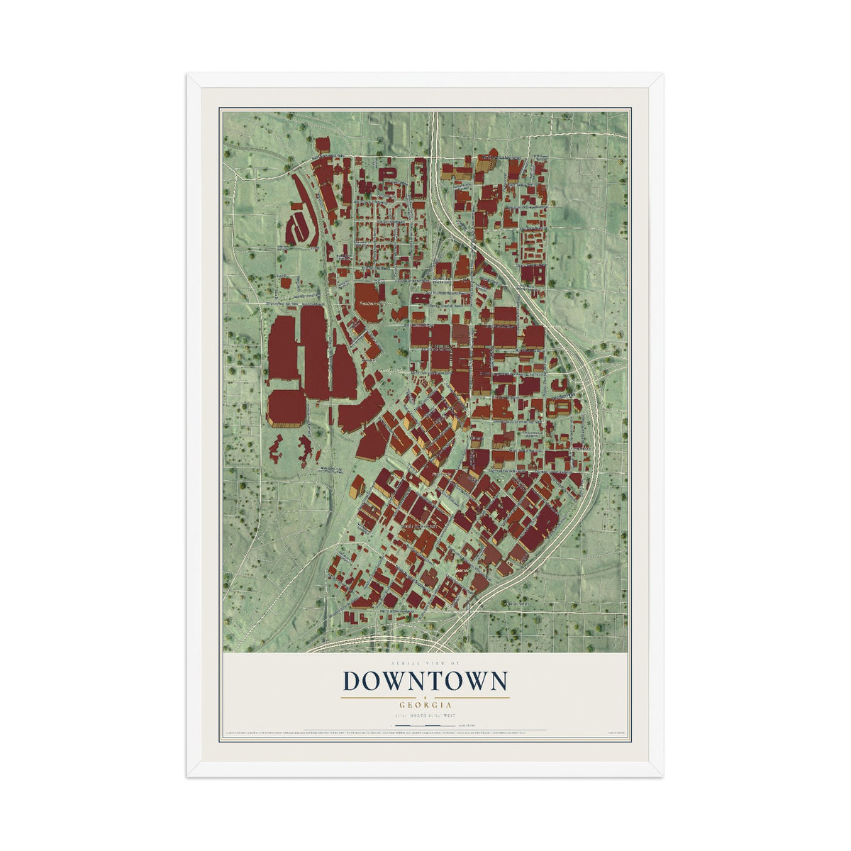 Downtown, Georgia map print, 12" x 18" W/ White Ayous Wood Frame mockup