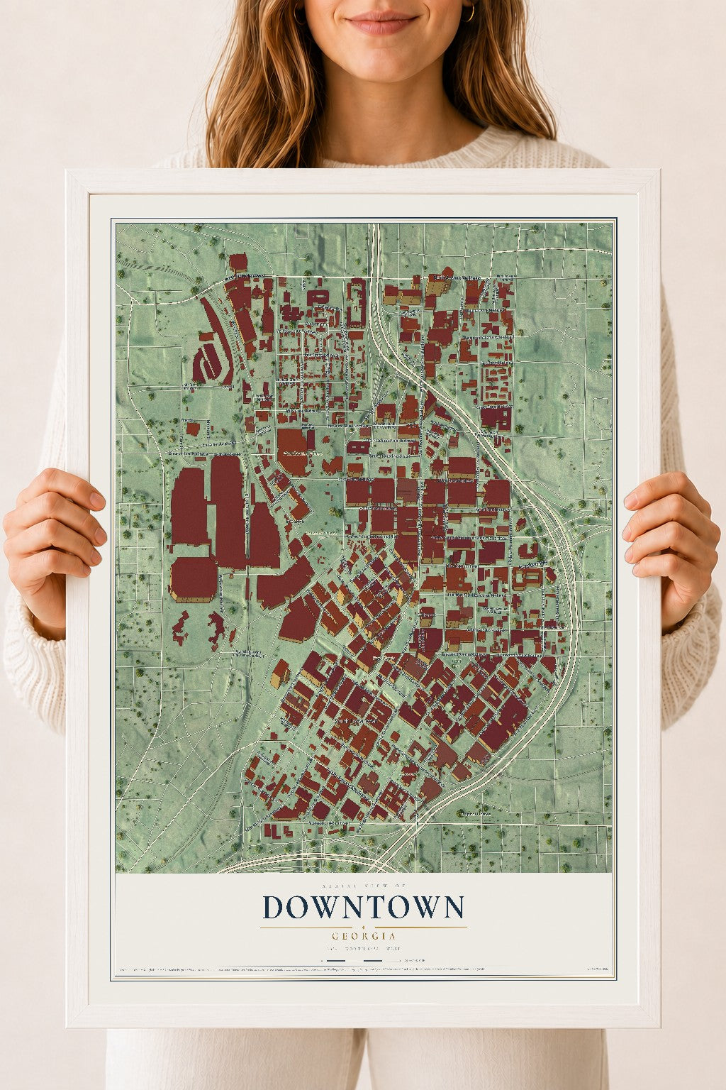 Downtown, Georgia map print, 18" x 24" W/ White Ayous Wood Frame mockup