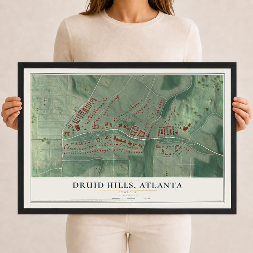 Map of Druid Hills, Atlanta, Georgia, 12 x 18 inch print in a black wood frame