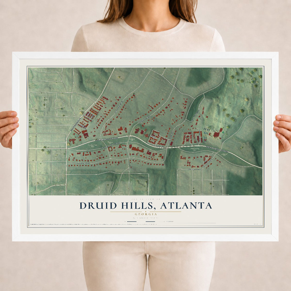 Druid Hills, Atlanta, Georgia map print, 18" x 24" W/ White Ayous Wood Frame mockup