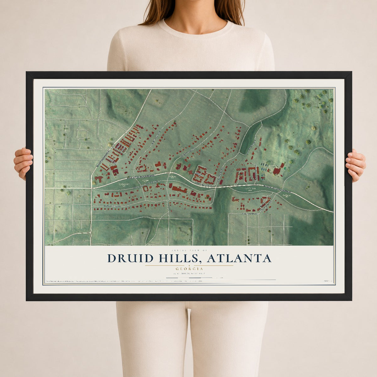 Druid Hills, Atlanta, Georgia map print, 24" x 36" W/ Black Ayous Wood Frame mockup