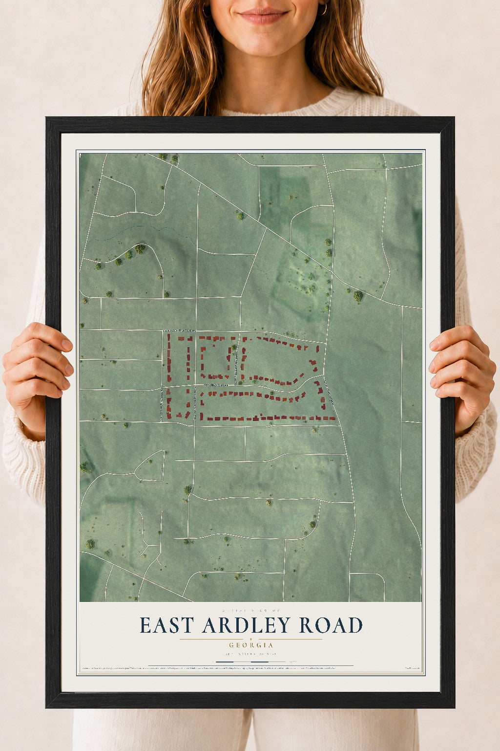 East Ardley Road, Georgia map print, 18" x 24" W/ Black Ayous Wood Frame mockup