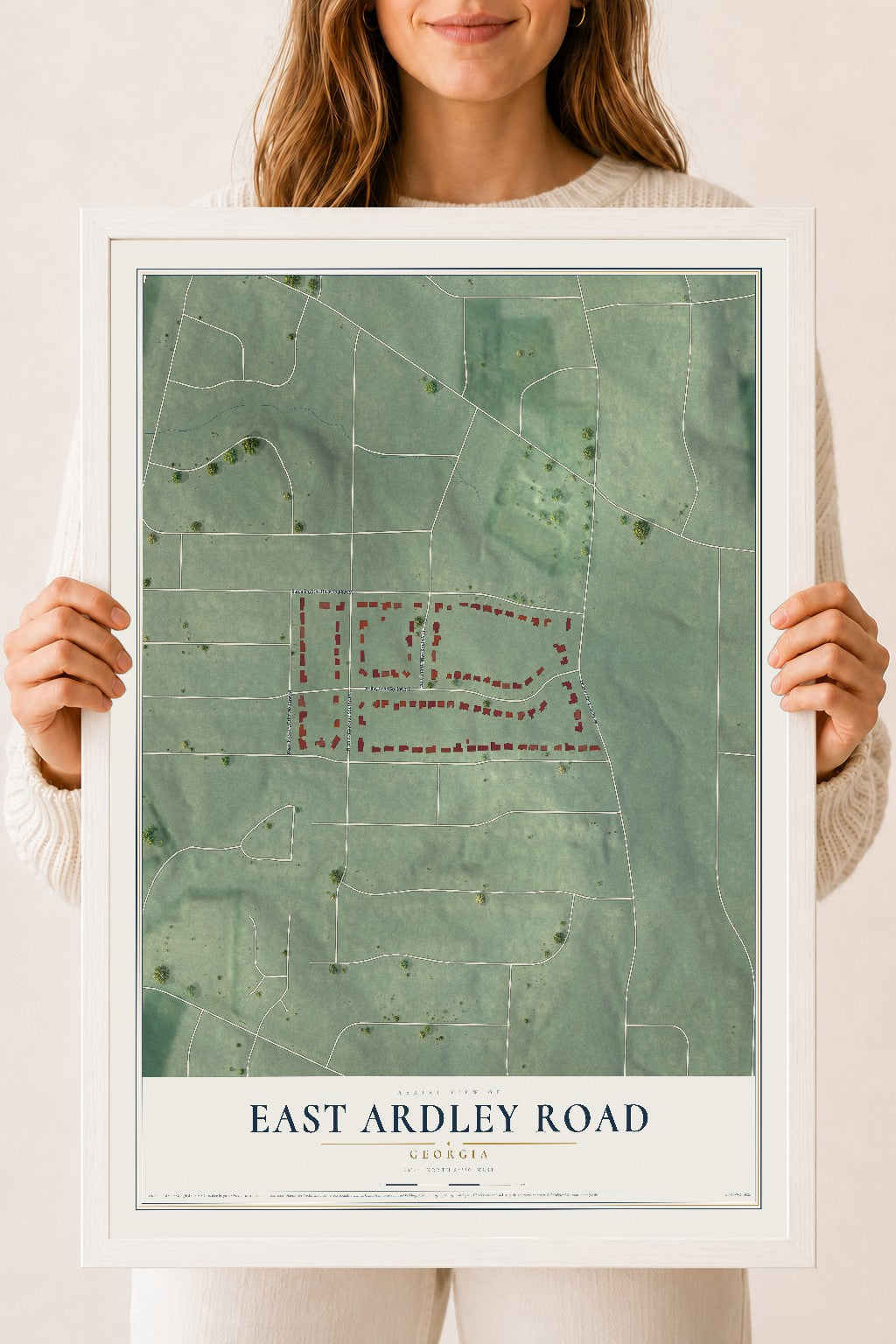 East Ardley Road, Georgia map print, 18" x 24" W/ White Ayous Wood Frame mockup