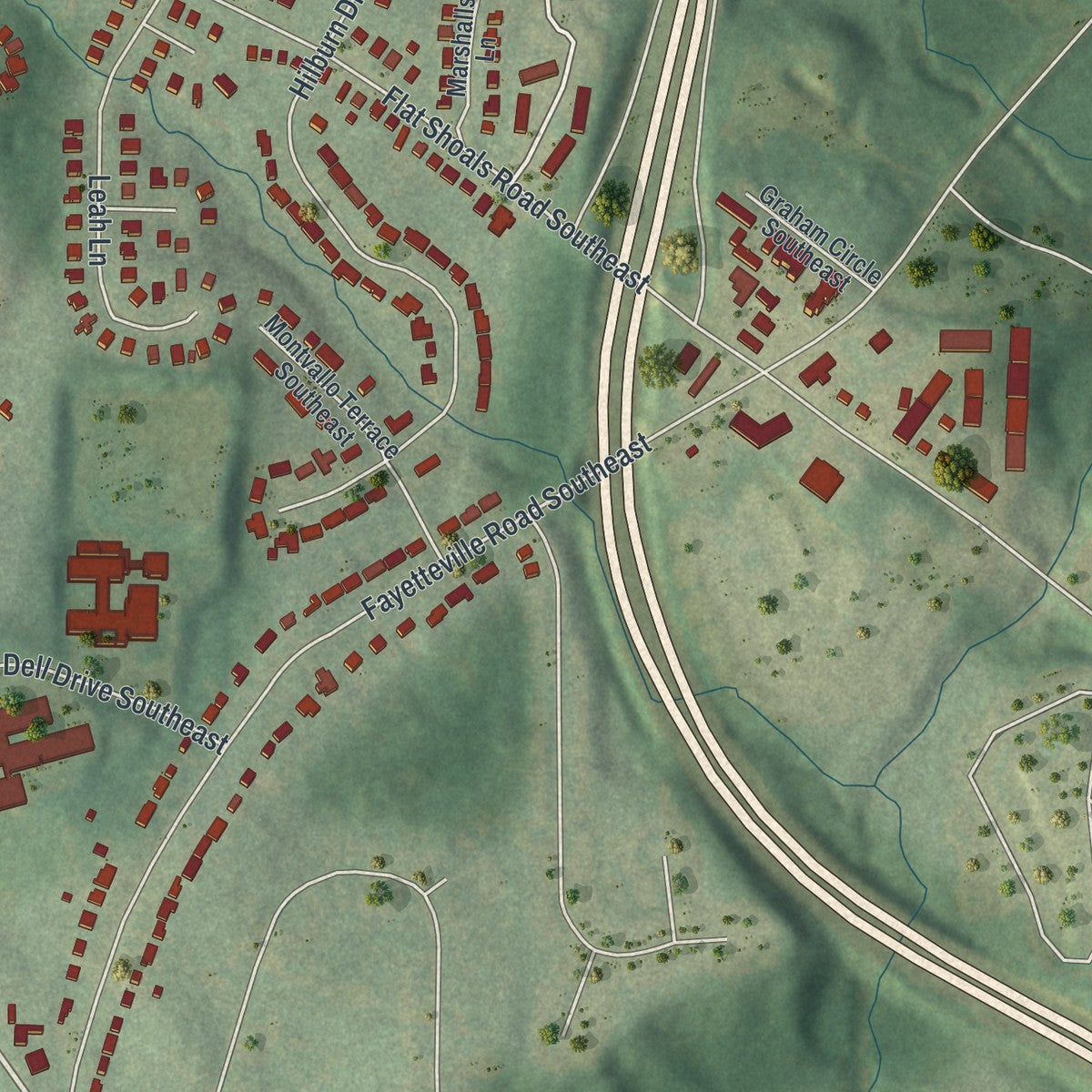 Close-up 2 of the East Atlanta, Georgia map artwork
