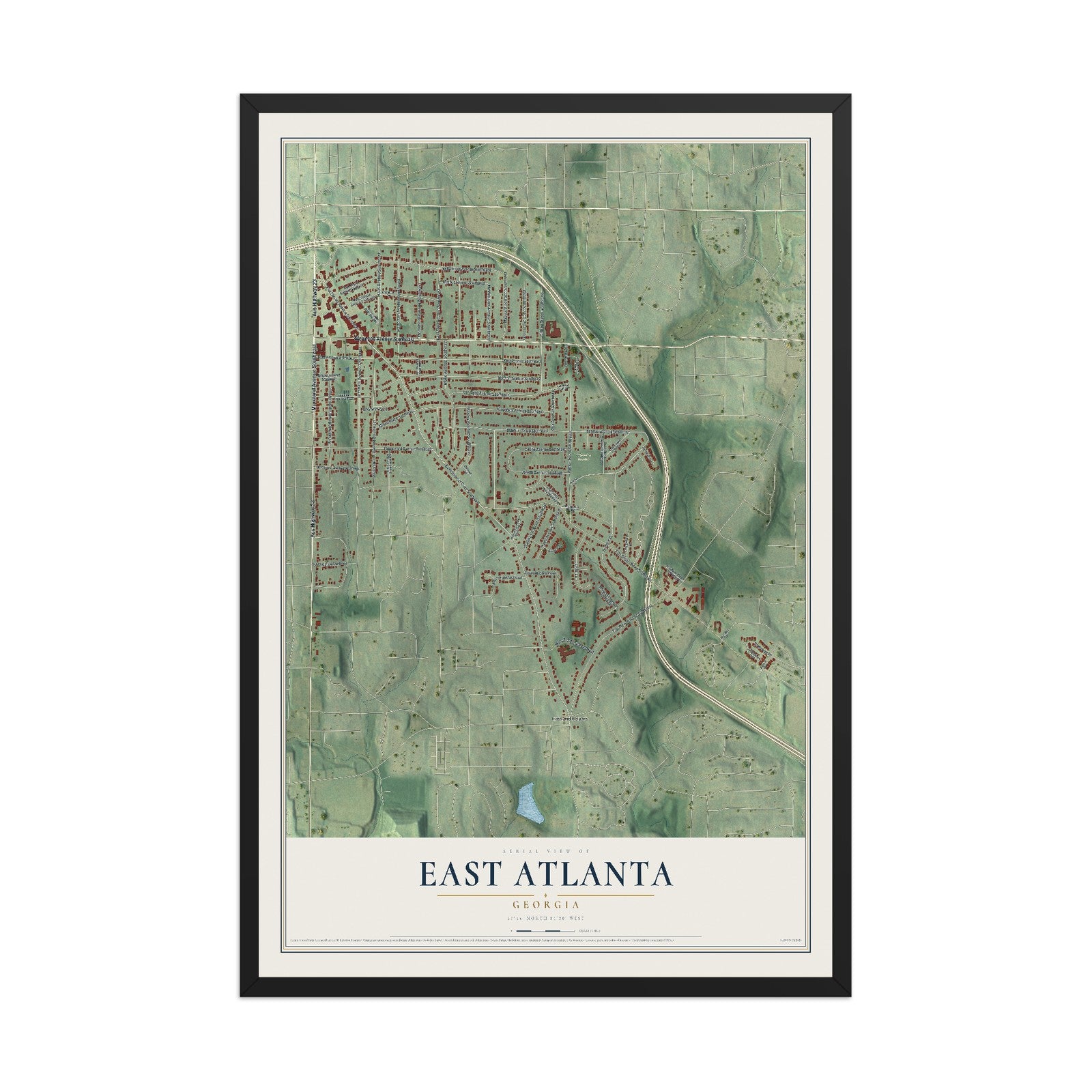 East Atlanta, Georgia map print, 12" x 18" W/ Black Ayous Wood Frame mockup