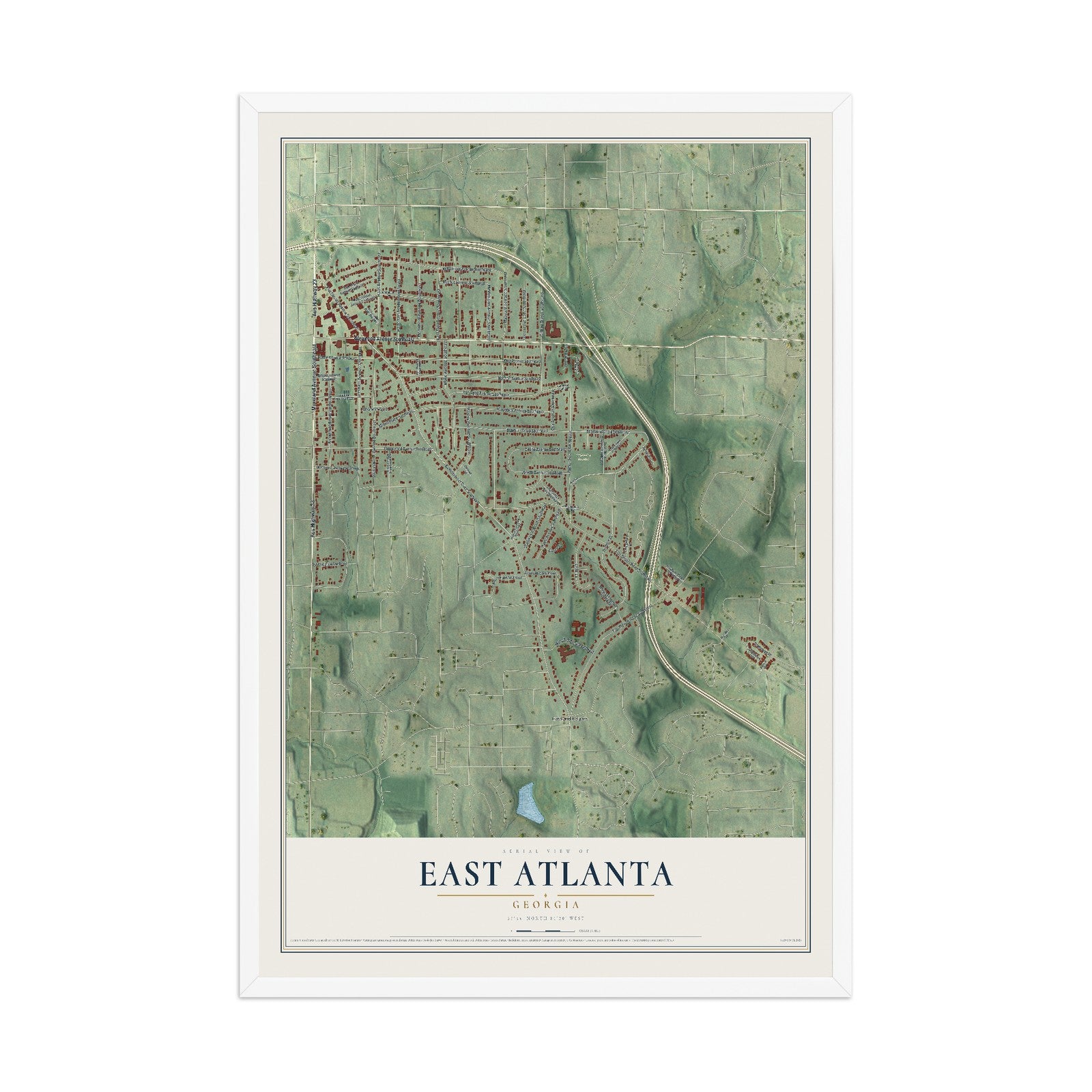 East Atlanta, Georgia map print, 12" x 18" W/ White Ayous Wood Frame mockup